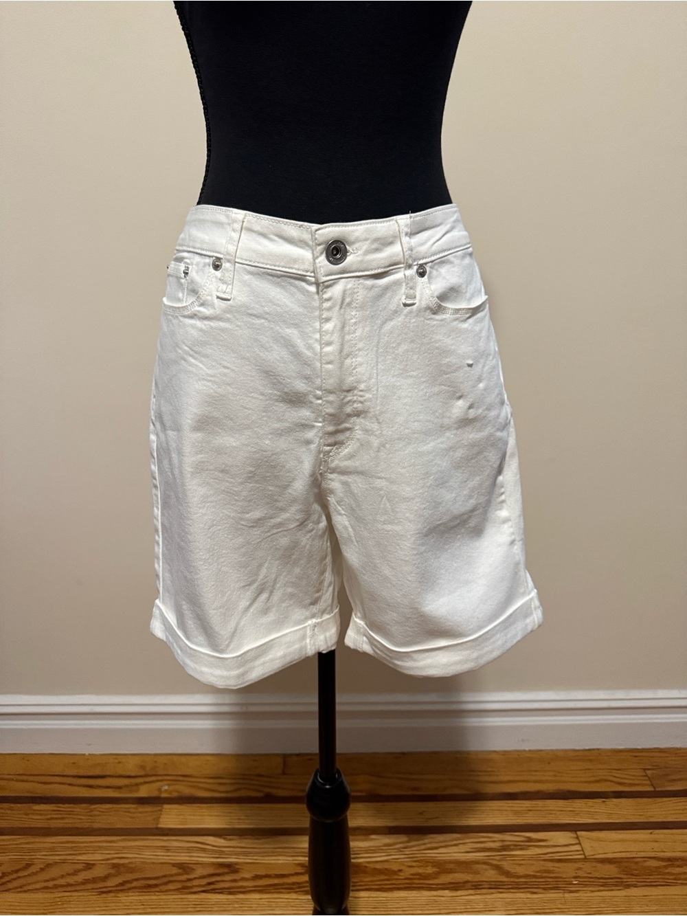 DKNY White Cuffed Denim Bermuda Shorts